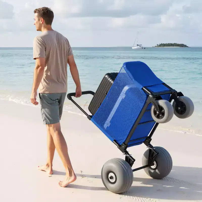 Carrello da spiaggia con ruote grandi per la sabbia, capacità di carico di 75 kg, carrello pieghevole per spiaggia resistente con ruote a palloncino da 12", borsa portaoggetti, blu+nero
