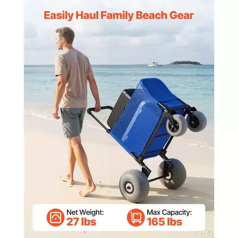Carrello da spiaggia con ruote grandi per la sabbia, capacità di carico di 75 kg, carrello pieghevole per spiaggia resistente con ruote a palloncino da 12", borsa portaoggetti, blu+nero