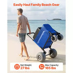 Carrello da spiaggia con ruote grandi per la sabbia, capacità di carico di 75 kg, carrello pieghevole per spiaggia resistente con ruote a palloncino da 12", borsa portaoggetti, blu+nero