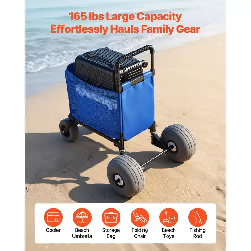 Carrello da spiaggia con ruote grandi per la sabbia, capacità di carico di 75 kg, carrello pieghevole per spiaggia resistente con ruote a palloncino da 12", borsa portaoggetti, blu+nero