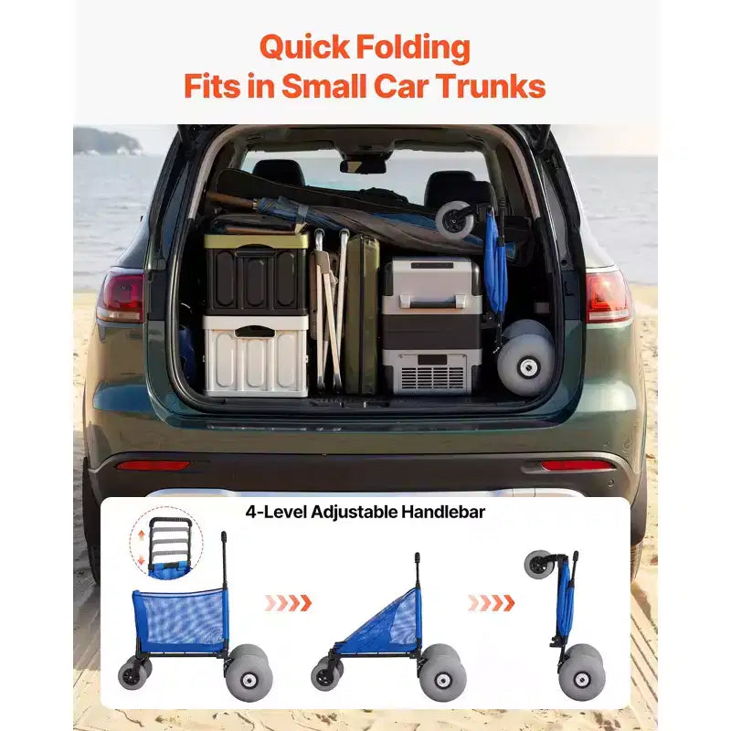Carrello da spiaggia con ruote grandi per la sabbia, capacità di carico di 75 kg, carrello pieghevole per spiaggia resistente con ruote a palloncino da 12", borsa portaoggetti, blu+nero