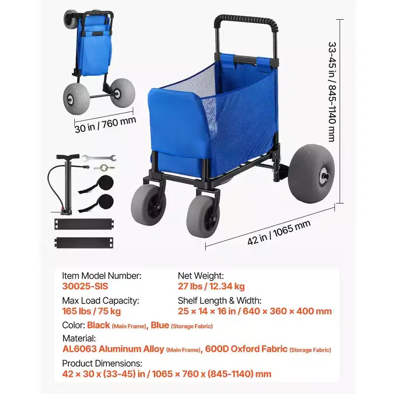 Carrello da spiaggia con ruote grandi per la sabbia, capacità di carico di 75 kg, carrello pieghevole per spiaggia resistente con ruote a palloncino da 12", borsa portaoggetti, blu+nero