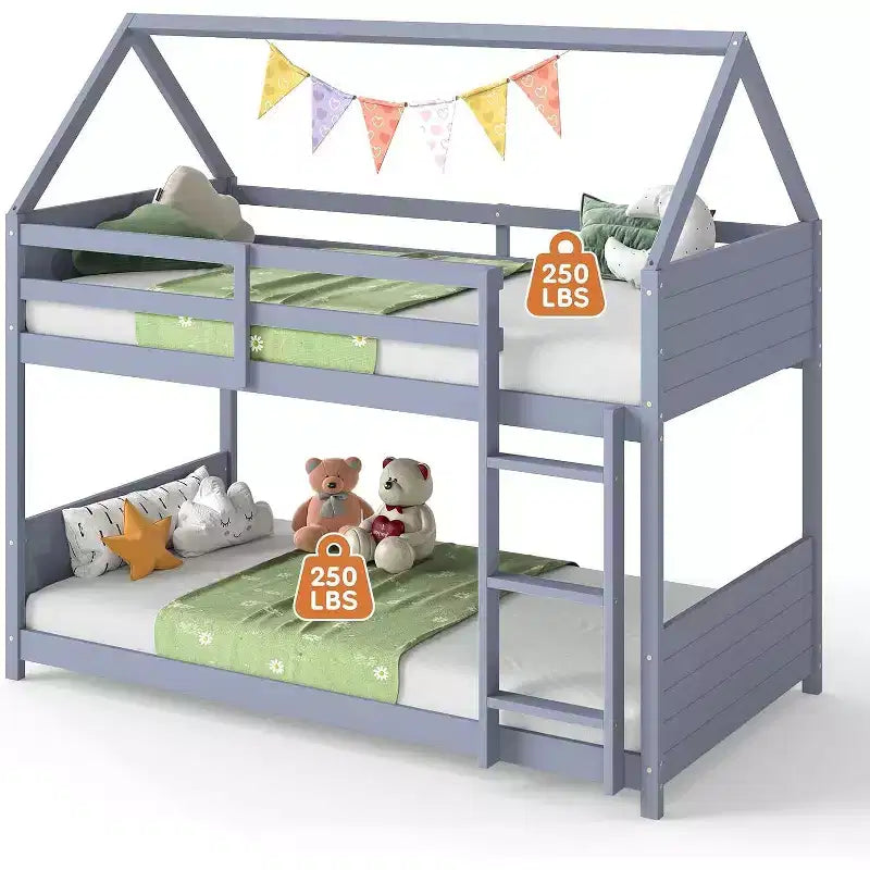 Struttura per letto a castello con casa a soppalco con scala, sponda letto a tutta lunghezza, doghe per dormitorio e camera da letto, salvaspazio, grigio