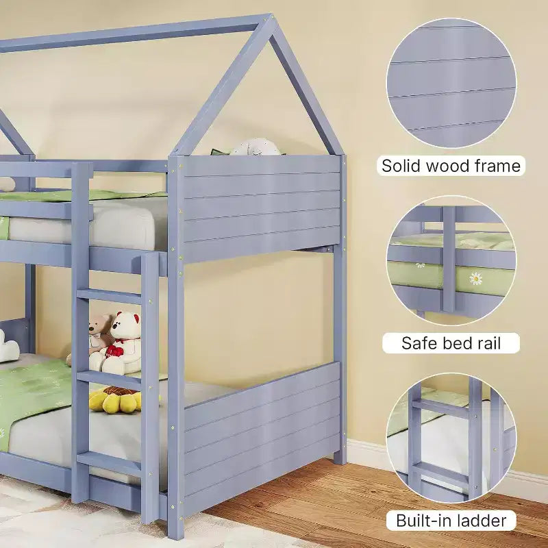 Struttura per letto a castello con casa a soppalco con scala, sponda letto a tutta lunghezza, doghe per dormitorio e camera da letto, salvaspazio, grigio