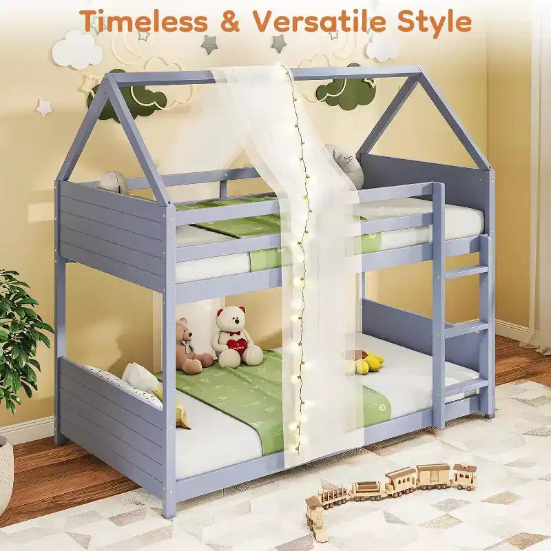 Struttura per letto a castello con casa a soppalco con scala, sponda letto a tutta lunghezza, doghe per dormitorio e camera da letto, salvaspazio, grigio