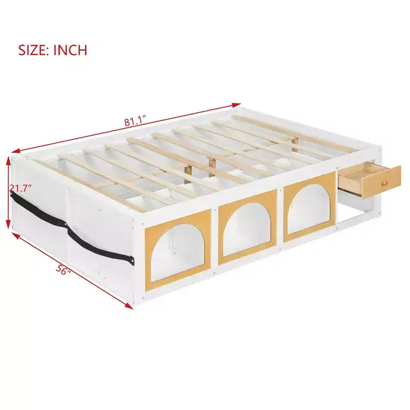 Letto a Piattaforma Miller in Legno con Libreria, Vetrina, Luce LED e Cassetto