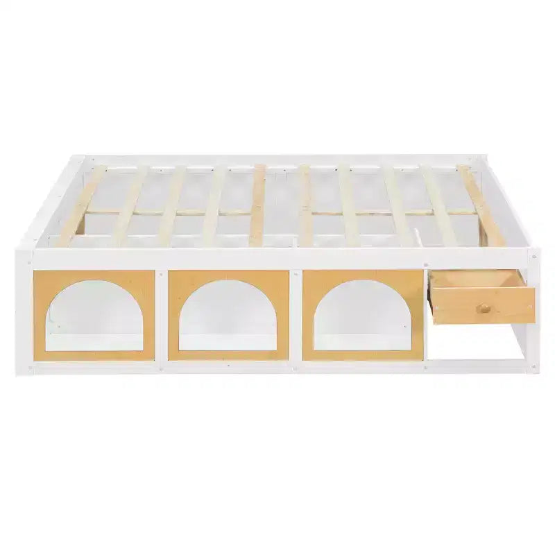 Letto a Piattaforma Miller in Legno con Libreria, Vetrina, Luce LED e Cassetto