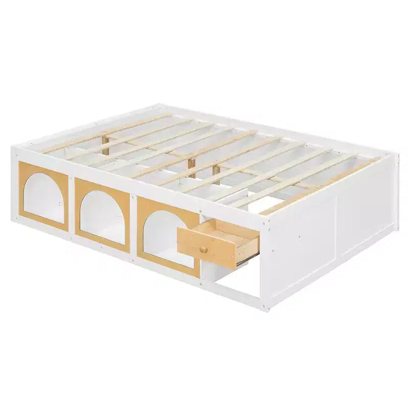 Letto a Piattaforma Miller in Legno con Libreria, Vetrina, Luce LED e Cassetto