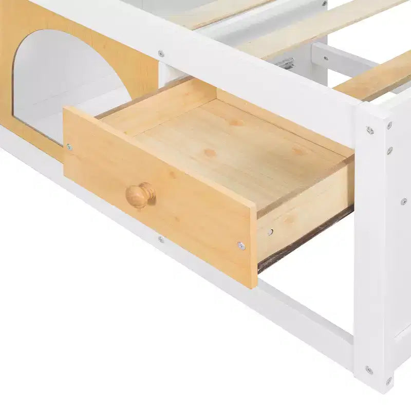 Letto a Piattaforma Miller in Legno con Libreria, Vetrina, Luce LED e Cassetto