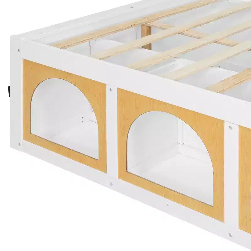 Letto a Piattaforma Miller in Legno con Libreria, Vetrina, Luce LED e Cassetto