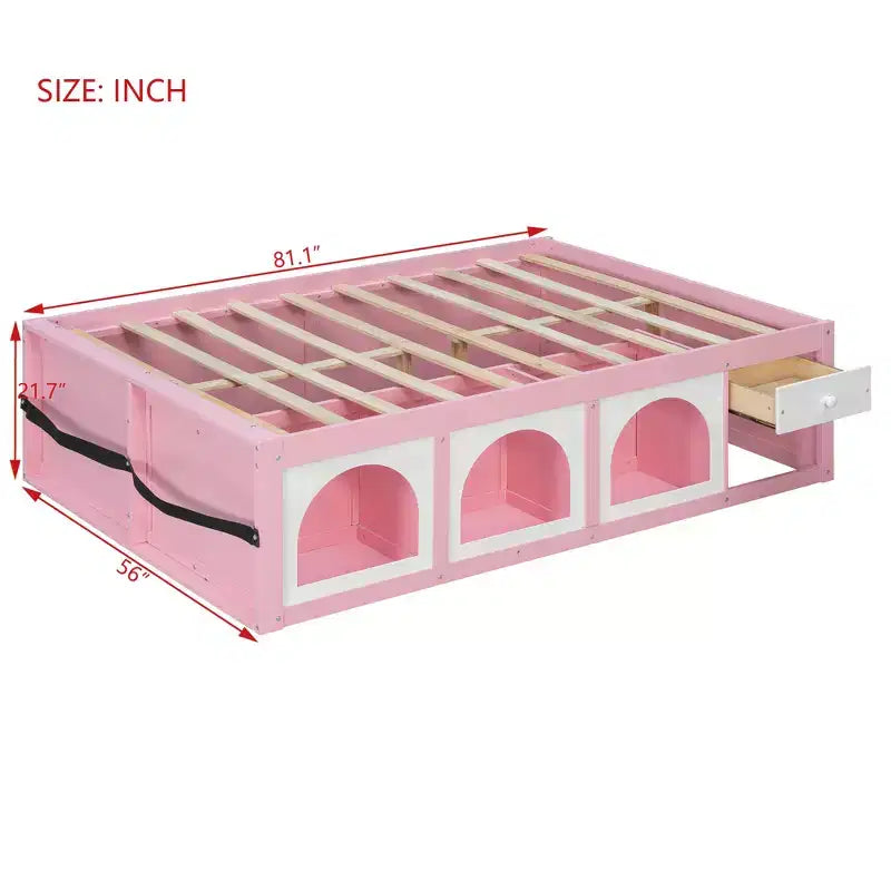 Letto a Piattaforma Miller in Legno con Libreria, Vetrina, Luce LED e Cassetto