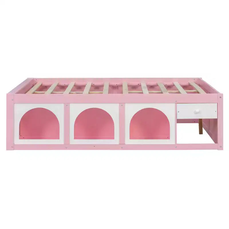 Letto a Piattaforma Miller in Legno con Libreria, Vetrina, Luce LED e Cassetto