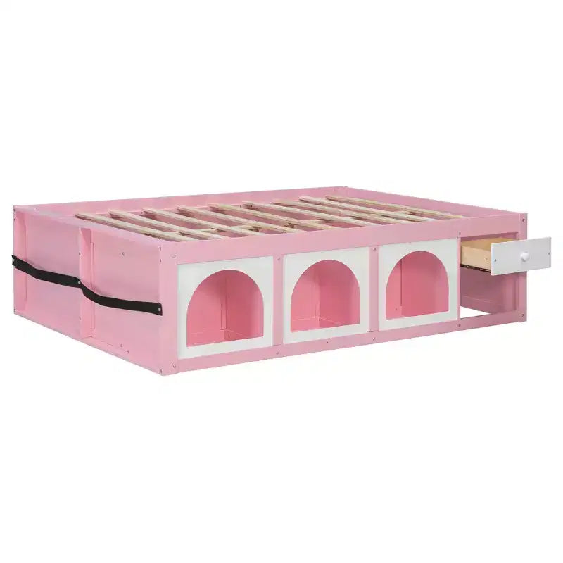 Letto a Piattaforma Miller in Legno con Libreria, Vetrina, Luce LED e Cassetto