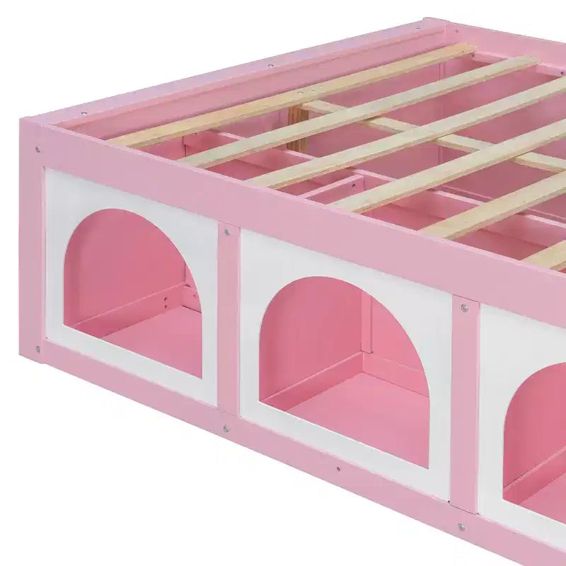 Letto a Piattaforma Miller in Legno con Libreria, Vetrina, Luce LED e Cassetto