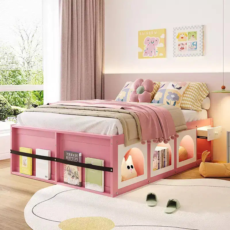 GDFStudio Miller Wooden Platform Bed with Bookshelf, Display Cabinet, LED Light and Drawer