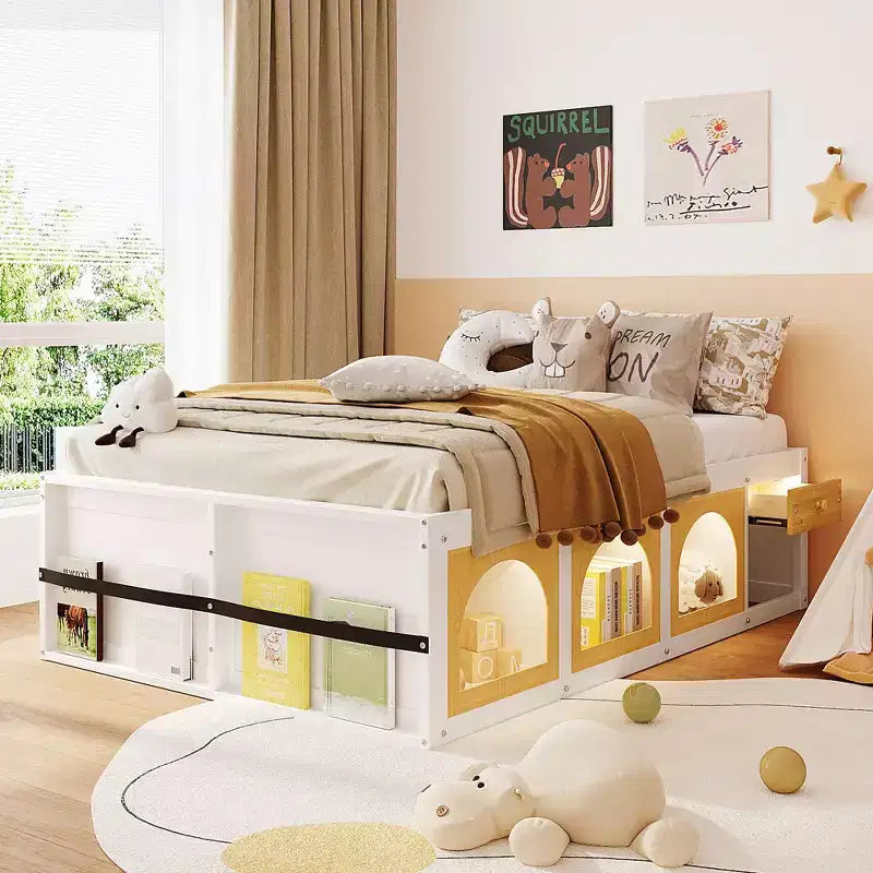 Letto a Piattaforma Miller in Legno con Libreria, Vetrina, Luce LED e Cassetto