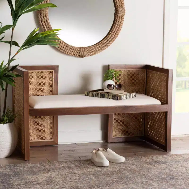 Panca d'accento Lovina in rattan e legno di acacia miele chiaro/marrone chiaro