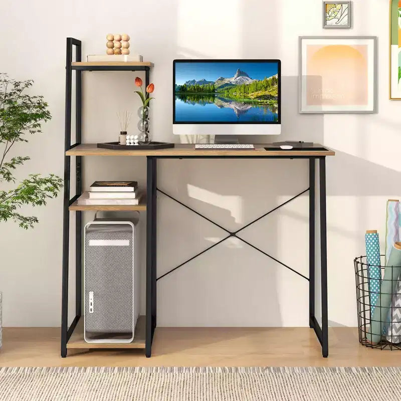 Scrivania da ufficio con libreria, supporto per computer, struttura in metallo, scrivania da studio