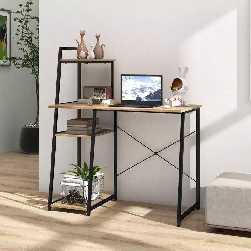 Scrivania da ufficio con libreria, supporto per computer, struttura in metallo, scrivania da studio