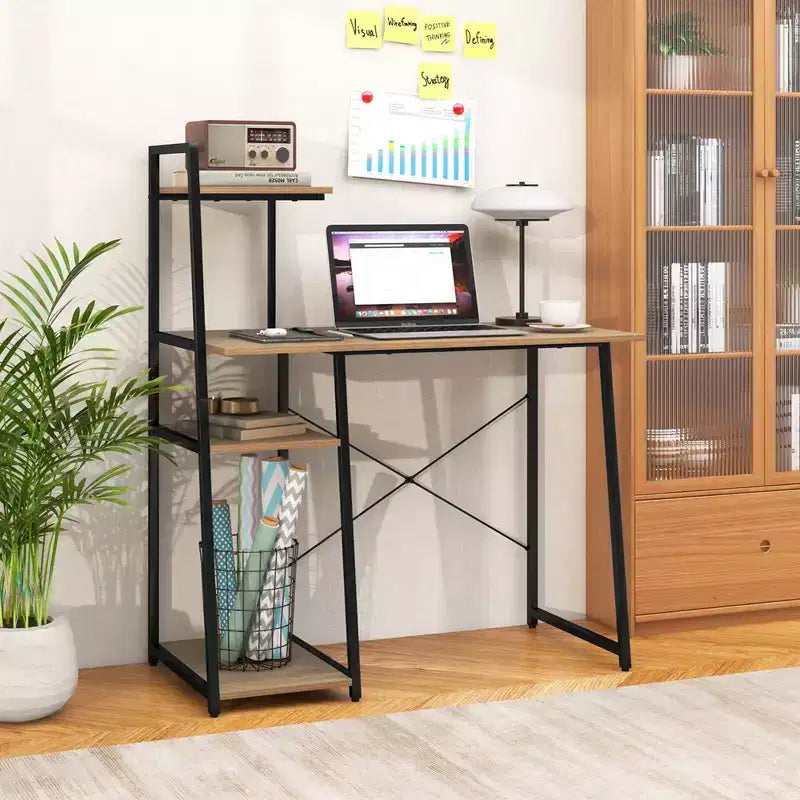 Scrivania da ufficio con libreria, supporto per computer, struttura in metallo, scrivania da studio