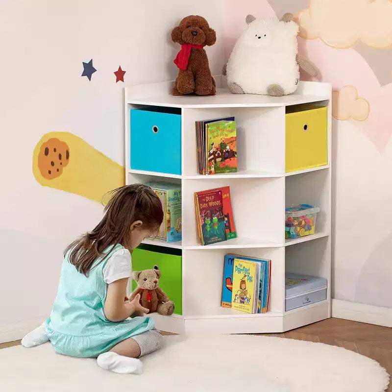 Armadio angolare in legno per bambini autoportante, con cassetti, organizer per giocattoli, vestiti e libri, libreria per bambini, espositore, guardaroba per camera da letto con ferramenta antiribaltamento e cassetti