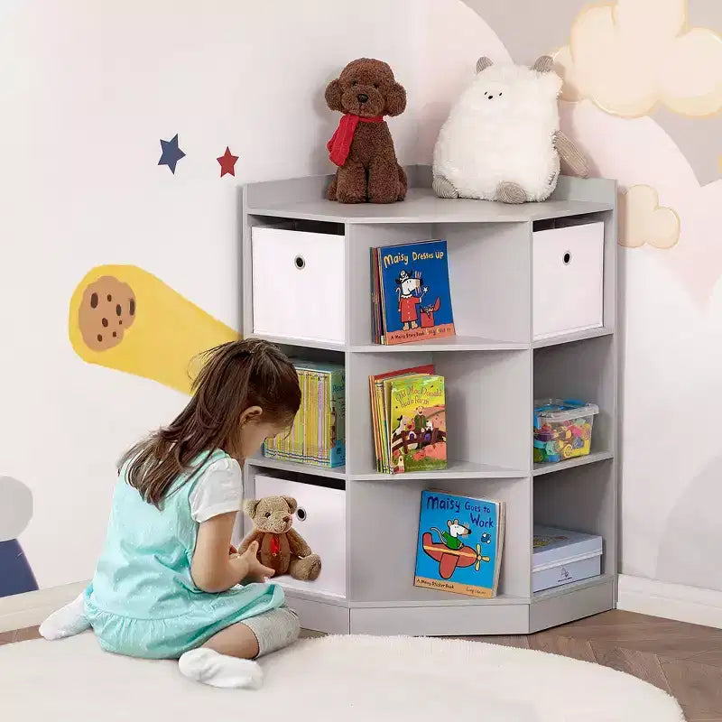 Armadio angolare in legno per bambini autoportante, con cassetti, organizer per giocattoli, vestiti e libri, libreria per bambini, espositore, guardaroba per camera da letto con ferramenta antiribaltamento e cassetti
