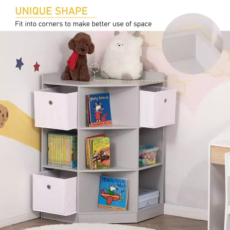 Armadio angolare in legno per bambini autoportante, con cassetti, organizer per giocattoli, vestiti e libri, libreria per bambini, espositore, guardaroba per camera da letto con ferramenta antiribaltamento e cassetti