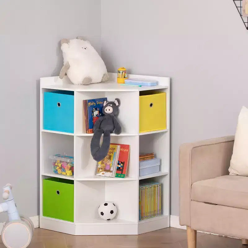 Armadio angolare in legno per bambini autoportante, con cassetti, organizer per giocattoli, vestiti e libri, libreria per bambini, espositore, guardaroba per camera da letto con ferramenta antiribaltamento e cassetti