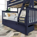 Letto a Castello in Legno Massello Singolo su Piazza con Cassetti Contenitori per Adulti/Bambini