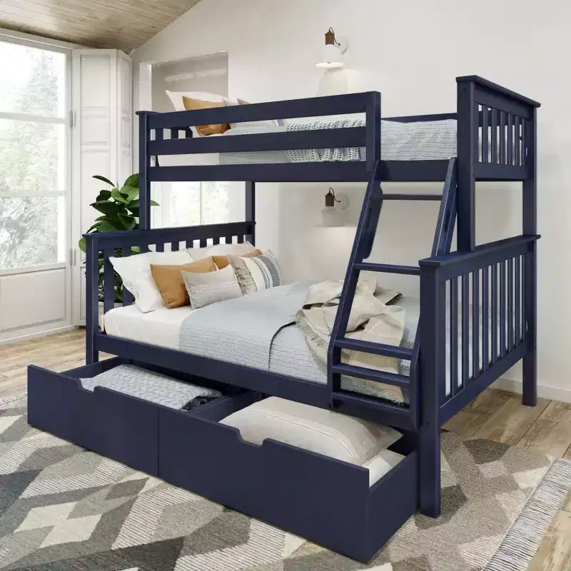 Letto a Castello in Legno Massello Singolo su Piazza con Cassetti Contenitori per Adulti/Bambini