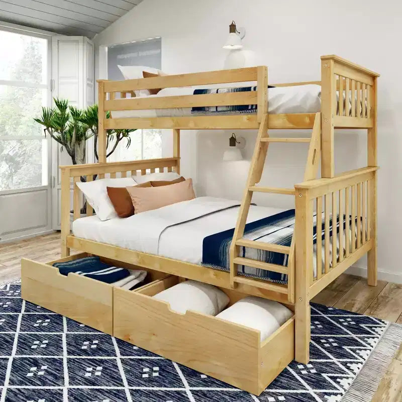 Letto a Castello in Legno Massello Singolo su Piazza con Cassetti Contenitori per Adulti/Bambini