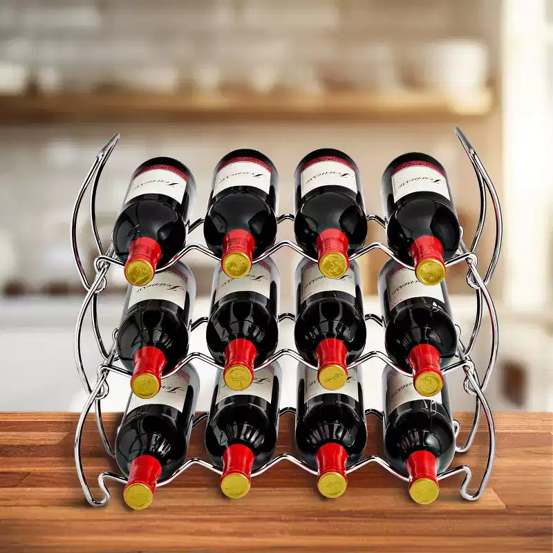 Cantinetta Portabottiglie da 12 Posti a 3 Livelli, Impilabile, Argento - Perfetta per Bar, Cantina Vini, Seminterrato, Mobile, Dispensa