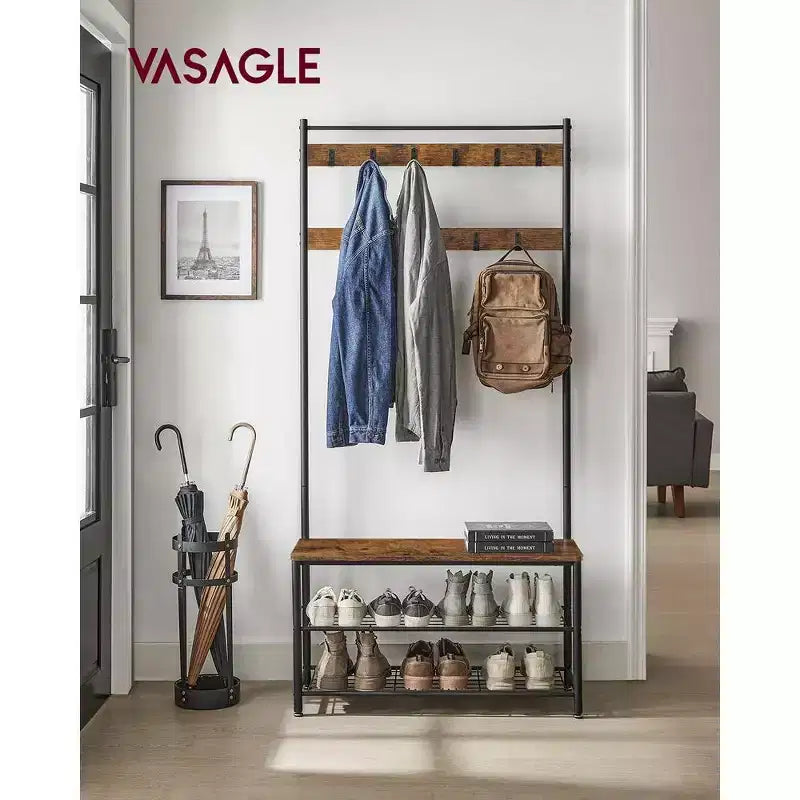 Appendiabiti, Mobile Ingresso con Panca Scarpiera, Panca da Ingresso con Scarpiera, 3-in-1, Struttura in Acciaio, Marrone Rustico e Nero
