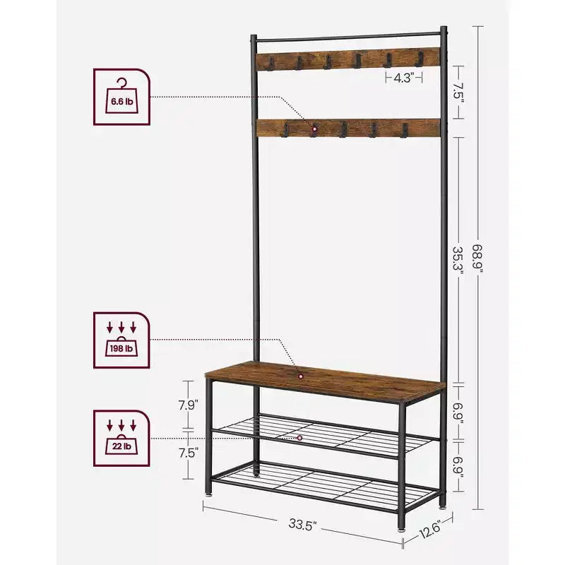 Appendiabiti, Mobile Ingresso con Panca Scarpiera, Panca da Ingresso con Scarpiera, 3-in-1, Struttura in Acciaio, Marrone Rustico e Nero